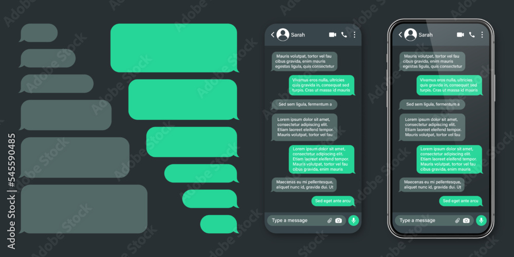 Wall mural Realistic smartphone with messaging app. SMS text frame. Conversation chat screen with green message bubbles and placeholder text. Dark mode. Social media application. Vector illustration