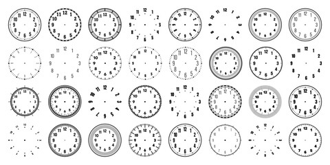 Fototapeta na wymiar Mechanical clock faces with arabic numerals, bezel. Watch dial with minute, hour marks and numbers. Timer or stopwatch element. Blank measuring circle scale with divisions. Vector illustration