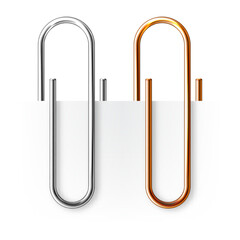 Realistic copper and steel paperclips attached to paper isolated on white background. Shiny metal paper clip, page holder, binder. Workplace office supplies. Vector illustration
