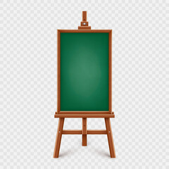 Realistic green chalkboard on wooden easel. Blank blackboard in wooden frame on a tripod. Presentation board, writing surface for text, drawing. Online studying, learning mockup. Vector illustration