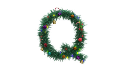 Capital letter Q from Christmas tree twigs with decorations on transparent background. Christmas alphabet. Letters from Christmas tree branches with decorations. 3d illustration