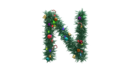 Capital letter N from Christmas tree twigs with decorations on transparent background. Christmas alphabet. Letters from Christmas tree branches with decorations. 3d illustration