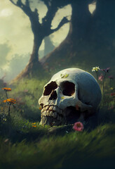 decaying skull with flowers, gothic, fantasy halloween illustration, concept art