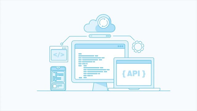 API integration, Web and application development in the cloud platform using coding, data transfer business technology animation concept.