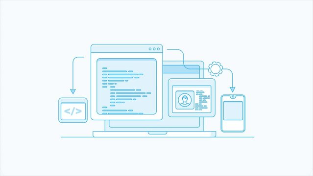 Software application web development process, coding and programming on multi-screen, API integration database management conceptual animation. 
