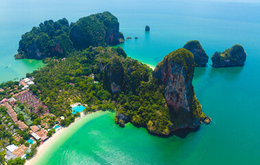 Aerial view of Railay and Phra nang Cave Beach in Krabi, Thailand