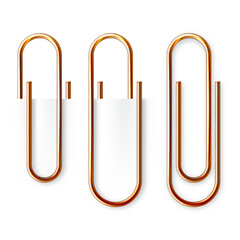 Realistic copper paperclip attached to paper isolated on white background. Shiny metal paper clip, page holder, binder. Workplace office supplies. Vector illustration