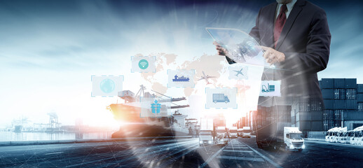 Businessman holding virtual interface panel of global logistics network distribution, Smart Global...