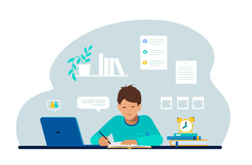 Fototapeta premium Boy studying with laptop and books. Back to school, home schooling, online education concept vector illustration in flat style. 