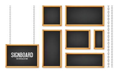 Signboards in a wooden frame hanging on a metal chain. Restaurant menu board. School chalkboard, writing surface for text or drawing. Blank advertising or presentation boards. Vector illustration