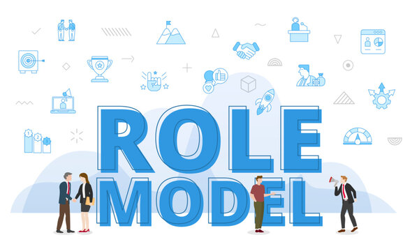role model concept with big words and people surrounded by related icon spreading with modern blue color style