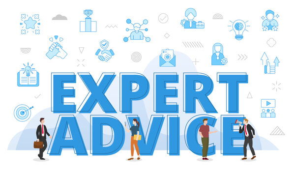 expert advice concept with big words and people surrounded by related icon spreading with modern blue color style