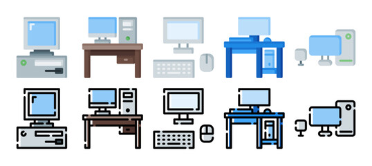 pc computer with monitor icon. vector illustration with a different style. flat and filled line style icon set