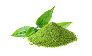 Instant matcha green tea with leaf on transparent png - obrazy, fototapety, plakaty