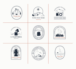 Collection of adventure linear logotypes, symbols, icons design template with mountains, wild animals, tree, camping elements. Editable vector logotype