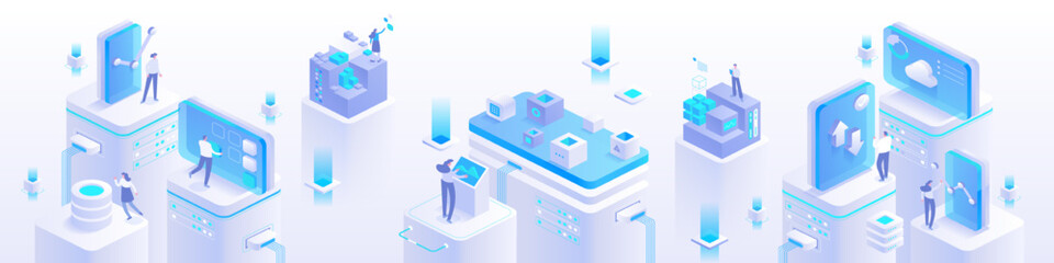 High tech, science, futuristic modern concept. Digital technology, deep learning and big data. Detailed abstract isometric vector illustration for screen template or banner background - 545592896