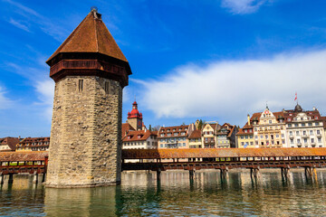 Chapel bridge spanning the river Reuss in the city of Lucerne, Switzerland