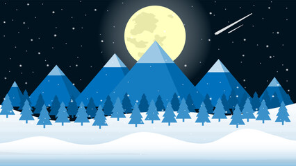 Snowfall winter at night with the mountain and valley with big moon light and shooting star illustration