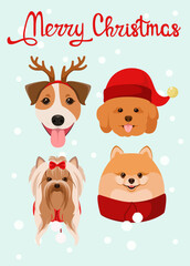 Christmas greeting card with funny dogs. Cartoon design. Vector illustration.
