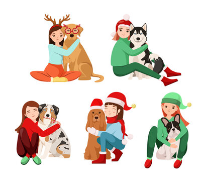 A set of funny girls with dogs. Christmas and New Year. Cartoon design.

