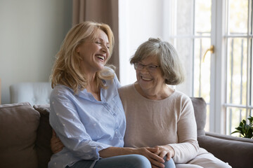 Laughing middle-aged woman enjoy pleasant positive talk with older mother sit on couch at home,...