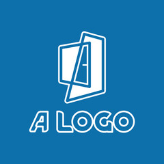 Modern vector window logo on a blue background. Windows, doors, houses, roofs. Emblem for business. Window illustration. Construction, renovation work.