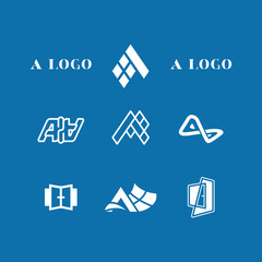 Set of modern vector logos on a blue background. Windows, doors, houses, roofs. Emblems for business. Construction, renovation work.
