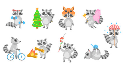 Obraz na płótnie Canvas Big Set Abstract Collection Flat Cartoon Different Animal Raccoons Vector Design Style Elements Fauna Wildlife