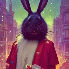 Postcard Happy New Year 2023. Year of the black water rabbit. A portrait of a rabbit with various festive decorations is depicted.