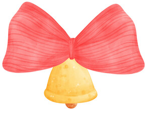 Cute watercolour Christmas red ribbon bow with bell cartoon doodle hand drawn