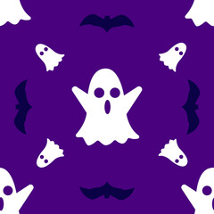 Purple cute Halloween ghost seamless pattern repeat print background. Vector illustration. Great for kids and home decor projects, wallpapers, textiles,wrapping. Vector design.