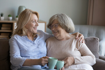 Middle-aged woman hugs her older 70s mum enjoy warm friendly talk, drinking tea smiling resting together on couch spend leisure at home. Multi-generational family bond and ties, support, relaxation - Powered by Adobe