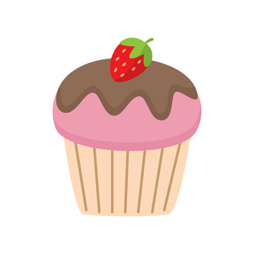 PNG illustration of cute pink strawberry cupcake isolated on transparent background.