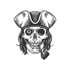 Smoking Skull in Tricorn. Vintage Etching Style Pirate Illustration