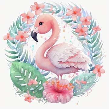 Adorable Baby Flamingo with Flowers Watercolor Illustration