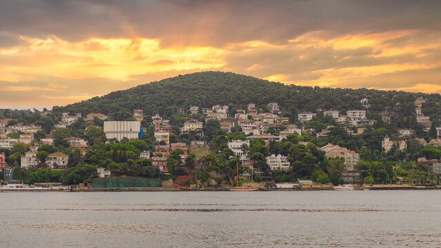 View of the mountains of Kinaliada island from Marmara Sea, with traditional summer houses, Istanbul, Turkey