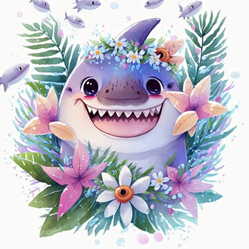 Adorable Baby Shark with Flowers Watercolor Illustration