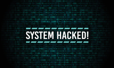 System hacked alert with digital binary code background.