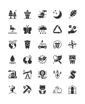 Vector solid icon set of ecology and environmental