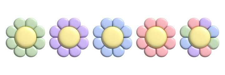 3D pastel flower set. Y2k daisy stickers in trendy plastic style. Vector illustration with plasticine effect isolated on withe background. 3D render.