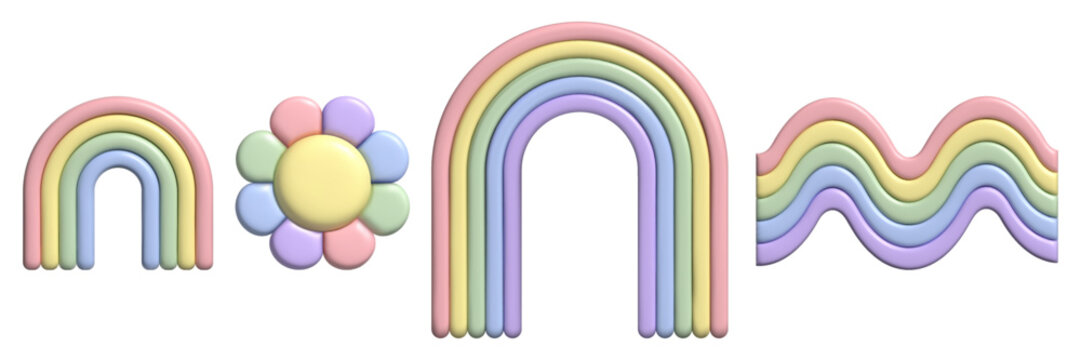 3D pastel ranbow and flower set. Y2k stickers in trendy plastic style. Vector illustration with plasticine effect isolated on withe background. 3D render.