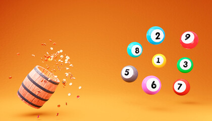 3d Wood barrel with flying coins with colorful lottery balls on orange background. Gambling concept design. 3d rendering illustration