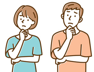 顎に手を当てて何かを考える若い男女　セット