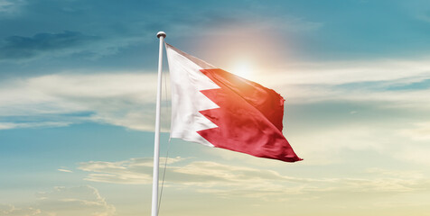 Bahrain national flag cloth fabric waving on the sky - Image