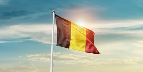 Belgium national flag cloth fabric waving on the sky - Image