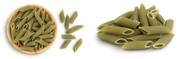 Green pea penne pasta in wooden bowl isolated on white background with. Organic food speciality....