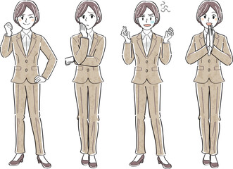 ビジネススーツの女性　表情ポーズの全身イラストセット（ガッツポーズ　悩む　イライラ　気づく）