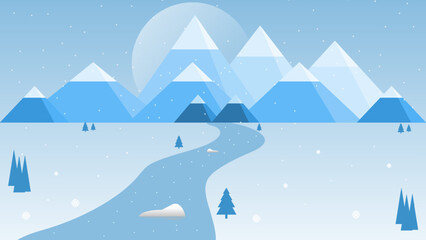Fototapeta na wymiar Winter snow merry christmas season at the blue mountain hill and the snow lake sunlight illustration