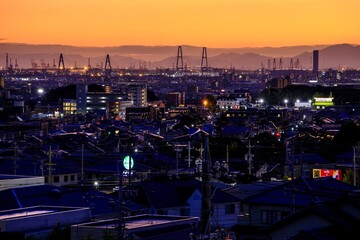 愛知県名古屋市　滝ノ水公園から見た名古屋市内と名古屋港方面の夕景