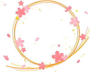 桜の花と曲線の華やかな水引きフレーム　手描きの水彩風イラスト 素材